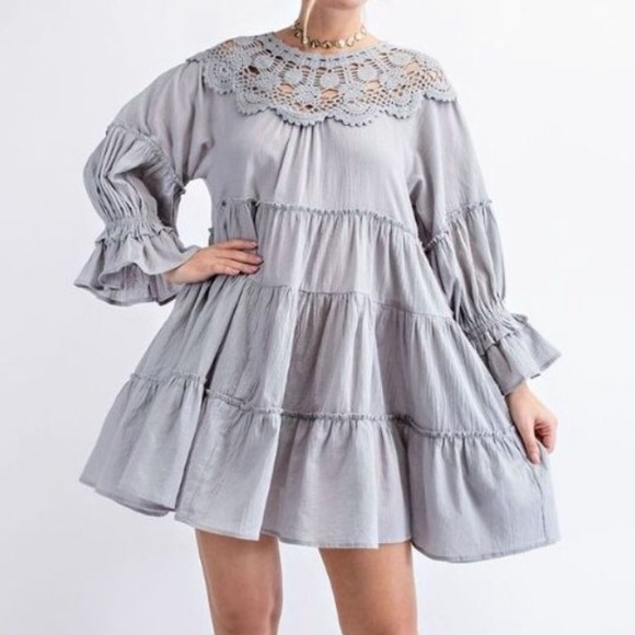 Easel Crochet Lace Gauze Ruffled Oversized Pleated Dress In Sky Blue. NWT! Sz S - Picture 5 of 8